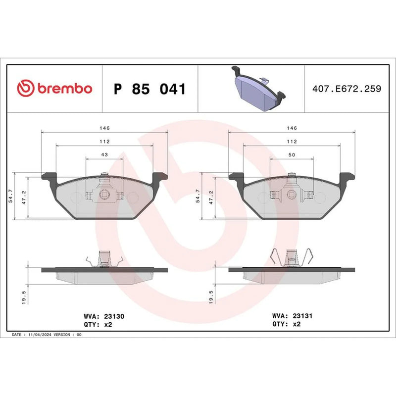 Brembo 4 x Front Brake Pad Set P85041X