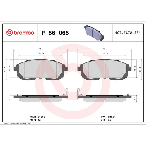 Brembo 4 x Front Brake Pad Set fits Nissan Bluebird Sylphy 2013 on 1.6