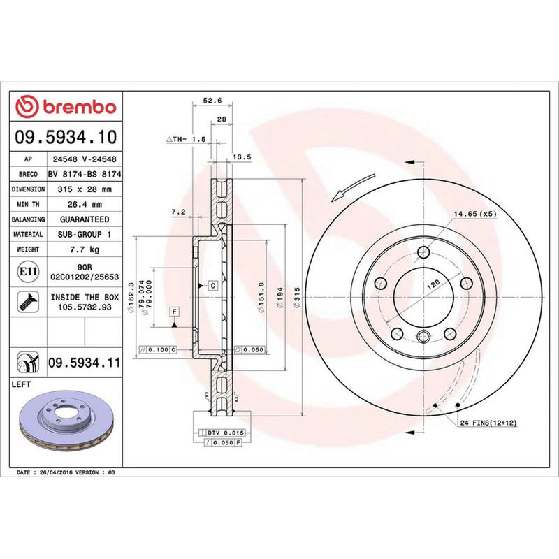 Brembo 2 x Front Internally Vented Brake Discs 09.5934.11
