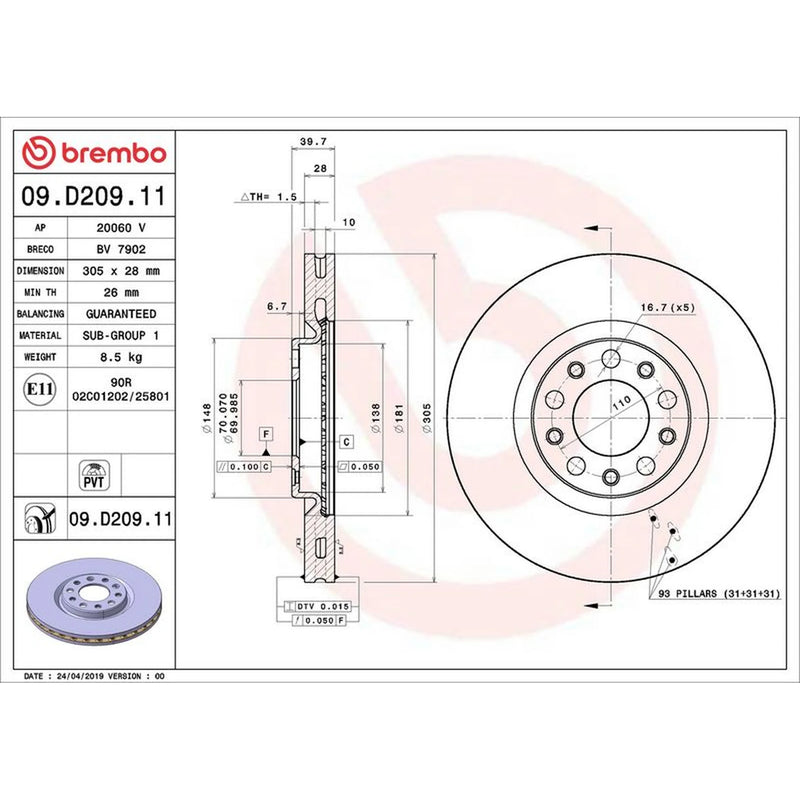 Brembo 2 x Internally Vented Front Brake Discs 09.D209.11-x2