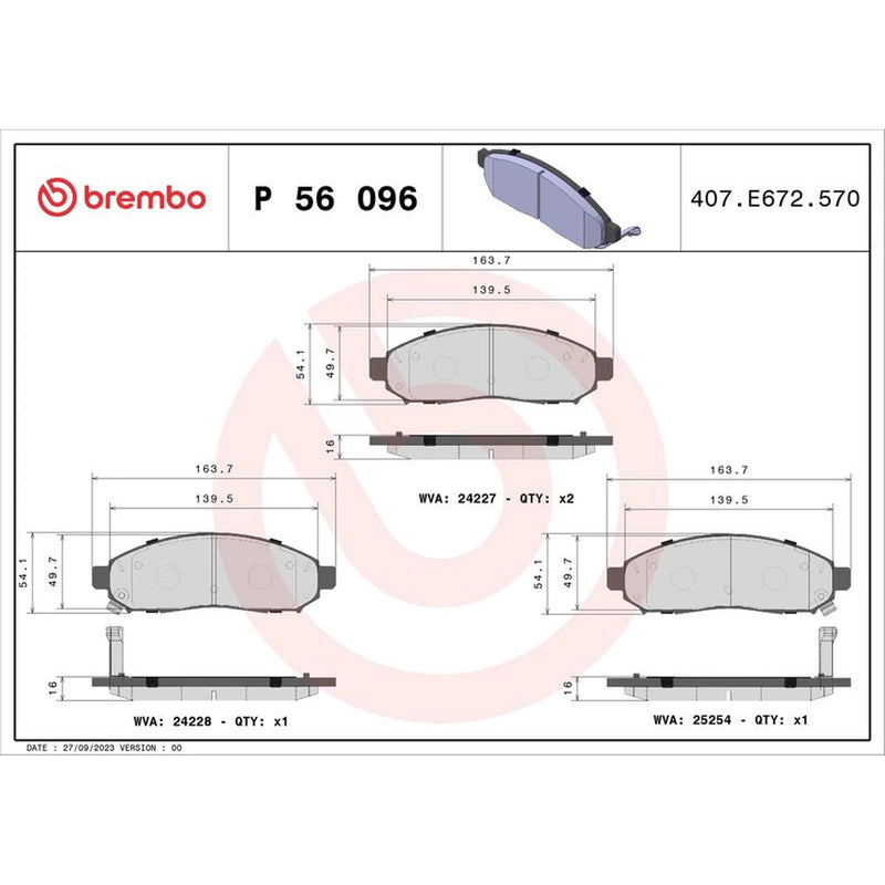 Brembo 4 x Front Brake Pad Set fits Nissan Leaf 2010-2017