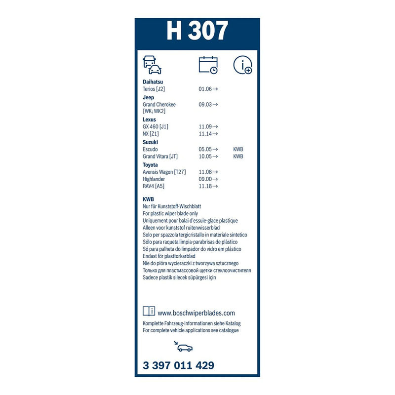 Bosch Conventional Wiper Blade 300mm — H307 fits Chevrolet Spark 2010 on 1.2
