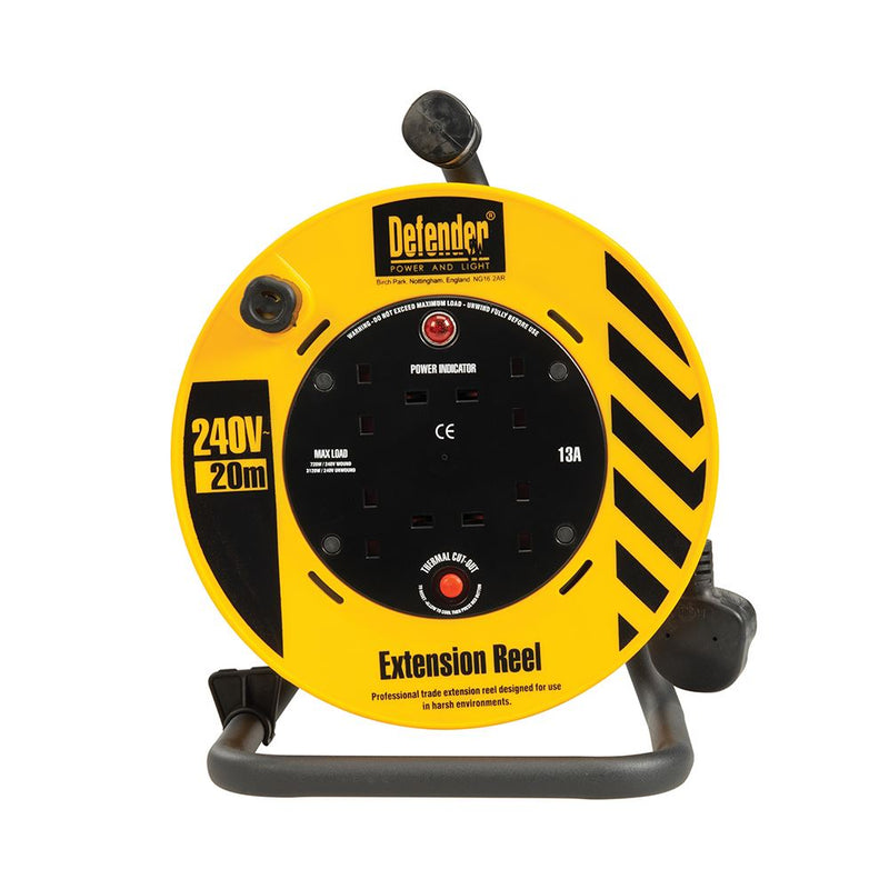 Defender Cable Reel 1.25mm2 4-Way 13A 20m 230V E86465 Defender  - Dynamic Drive