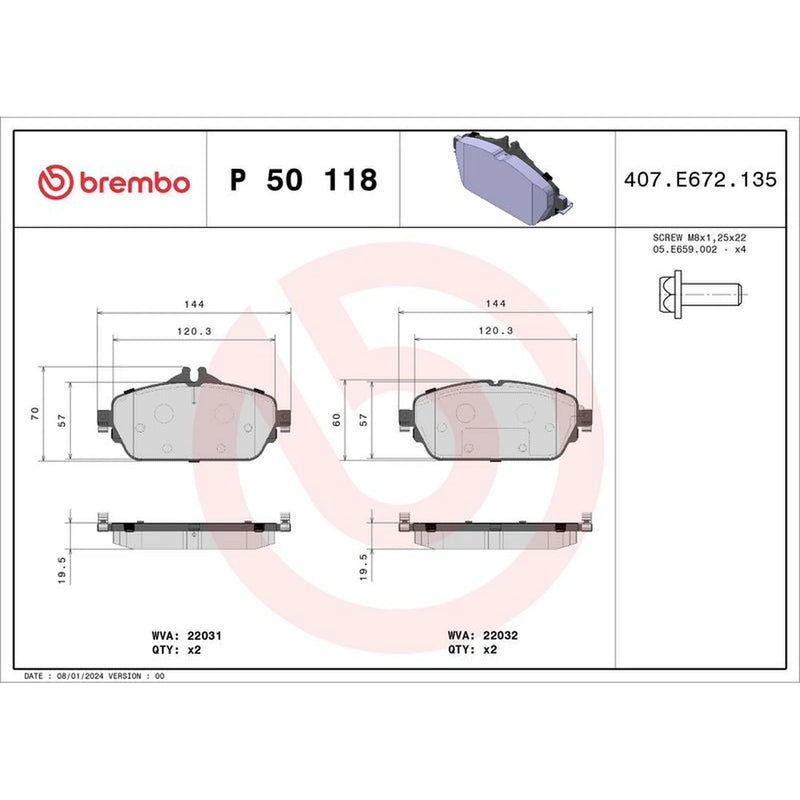 Brembo 4 x Front Brake Pad Set fits Mercedes-Benz C-Class 2013-2023