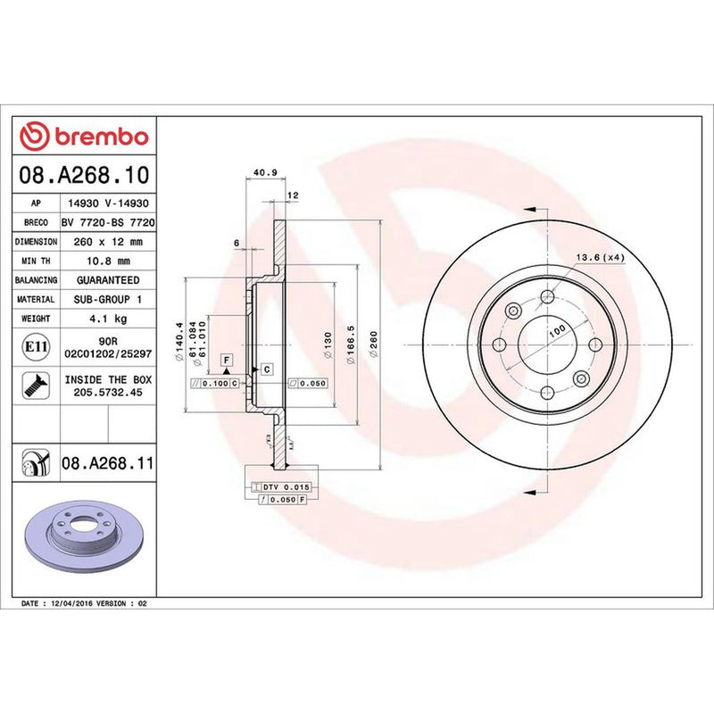 Brembo 2 x Solid Front Brake Discs 08.A268.11-x2