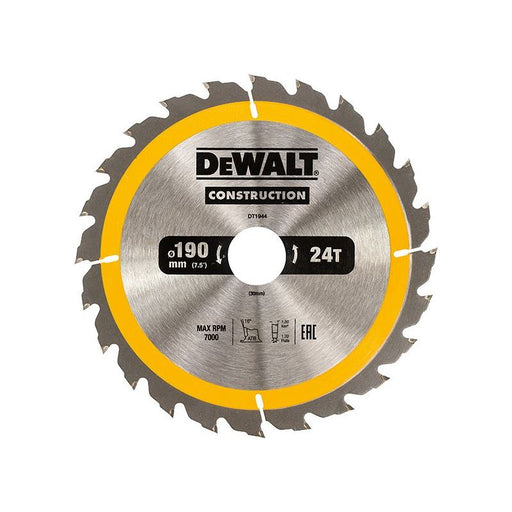 Dewalt Power Tools Portable Construction Circular Saw Blade 190 x 30mm x 24T DeWALT Power Tools - Dynamic Drive