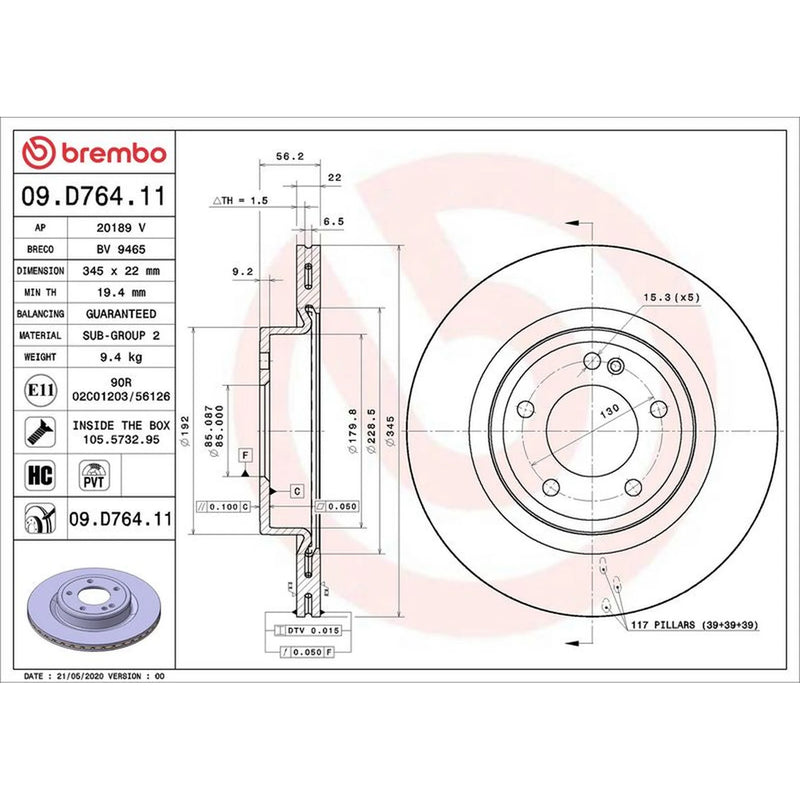 Brembo 2 x Internally Vented Rear Brake Discs 09.D764.11-x2
