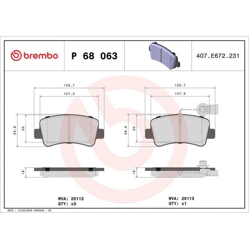 Brembo 4 x Rear Brake Pad Set fits Nissan Interstar 2021-2024