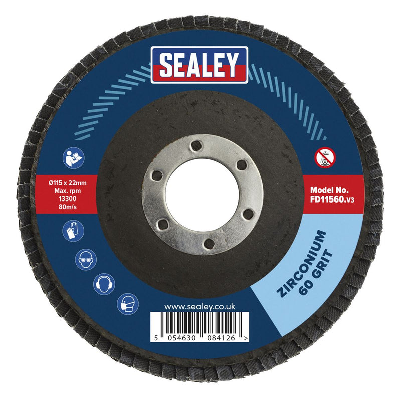Sealey 115mm Zirconium Flap Discs 60Grit 22mm Bore - Pack of 10 FD1156010 Sealey - Dynamic Drive