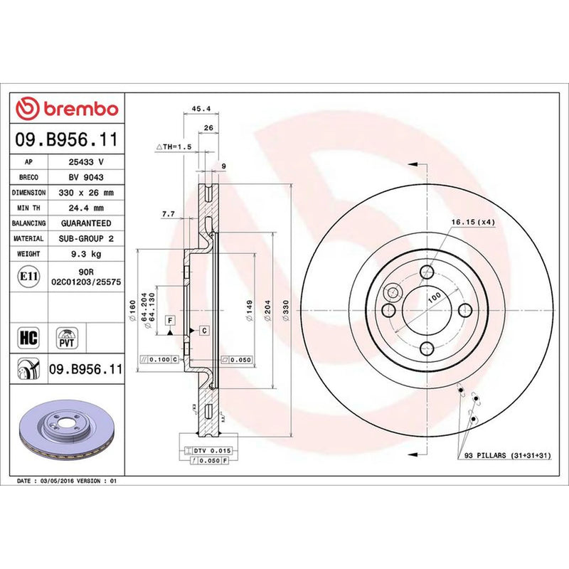 Brembo 2 x Internally Vented Brake Discs fits Mini Mini 2007-2013