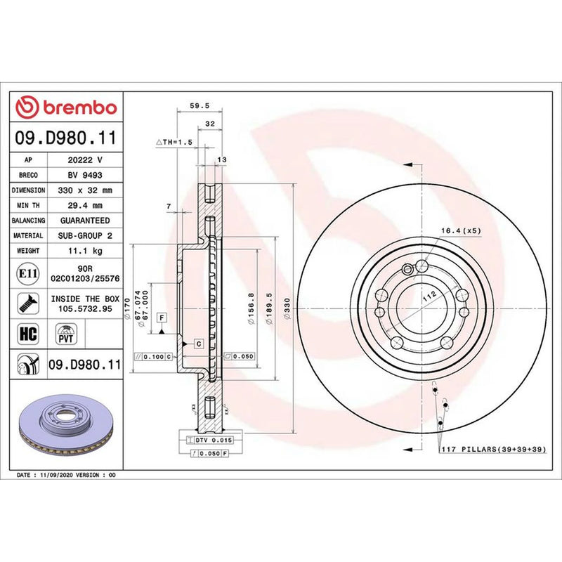 Brembo 2 x Brake Discs fits Mercedes-Benz Gle 2018-2023 167.119