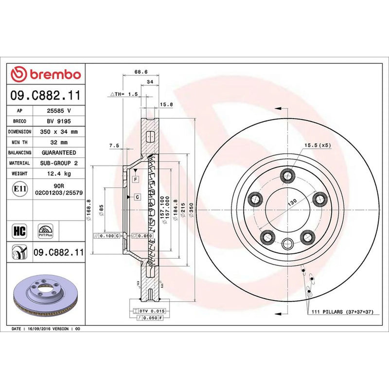Brembo 2 x Internally Vented Front Brake Discs 09.C882.11-x2