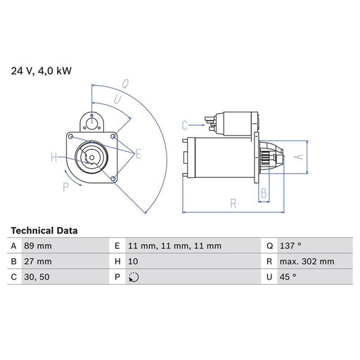 Bosch Starter Motor 24V 4kW 10 Teeth fits Irisbus Crealis 2009 on