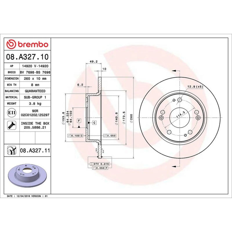 Brembo Rear Brake Solid Discs & Pads fits Honda Accord VII 2003-2008 2.0 2.2 2.4