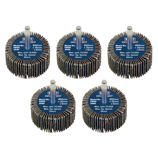 Sealey 50 x 25mm Abrasive Flap Wheel on 6mm Shaft Assorted Grit - Pack of 5 Sealey - Dynamic Drive