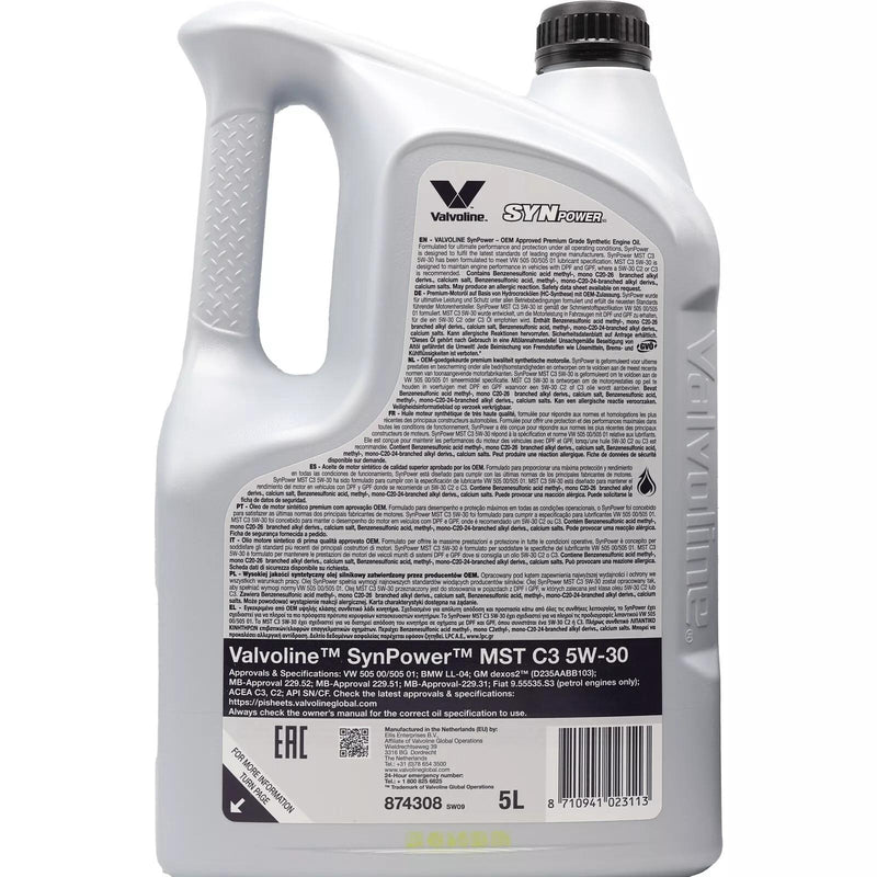 Valvoline Synpower MST C3 5L Engine Oil 5 Litre 5W30 Fully Synthetic 874308 Valvoline - Dynamic Drive