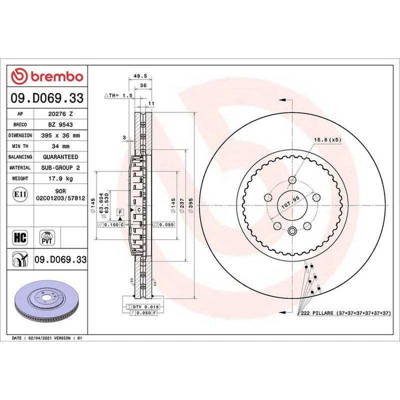 Brembo 2 x Steel Brake Disc Hub Brake Discs fits Land Rover Range Rover Velar