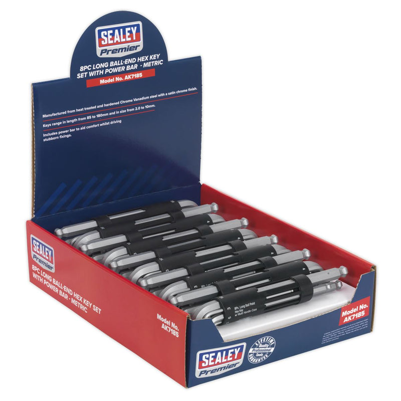 Sealey Ball-End Hex Key Set + Power Bar 8pc Long Display Box of 10 AK7185 Sealey  - Dynamic Drive