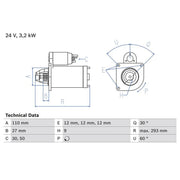 Bosch Starter Motor 24V 3.2kW 9 Teeth fits Fiat Series 65 1975-1979