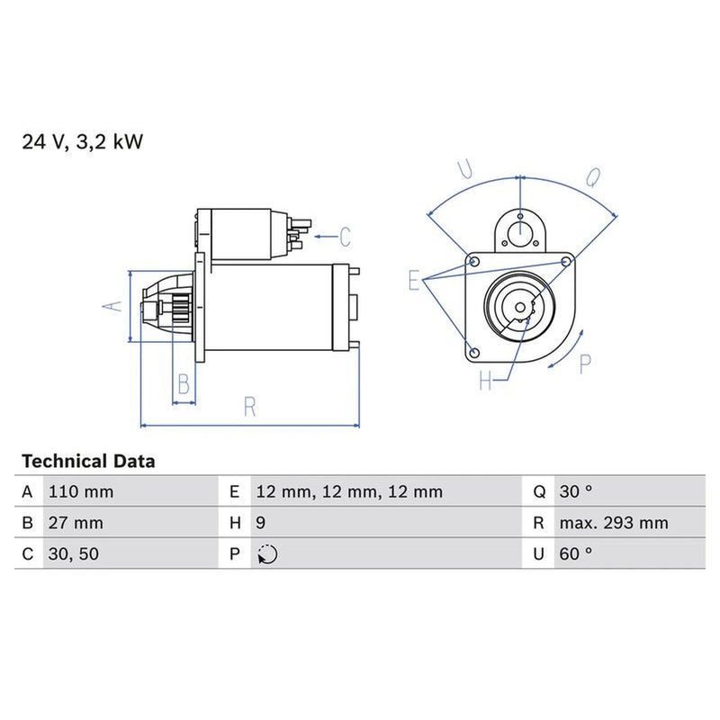 Bosch Starter Motor 24V 3.2kW 9 Teeth fits Fiat Series 65 1975-1979