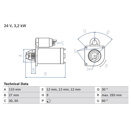 Bosch Starter Motor 24V 3.2kW 9 Teeth fits Fiat Series 65 1975-1979