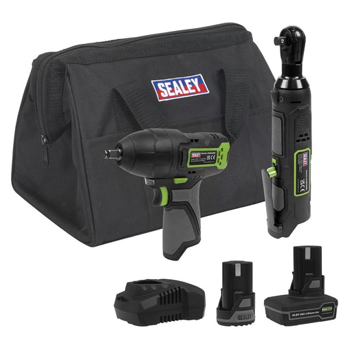 2 x SV10.8 Series Cordless Impact Wrench & Ratchet Wrench Kit 10.8V 2 Batteries Sealey - Dynamic Drive