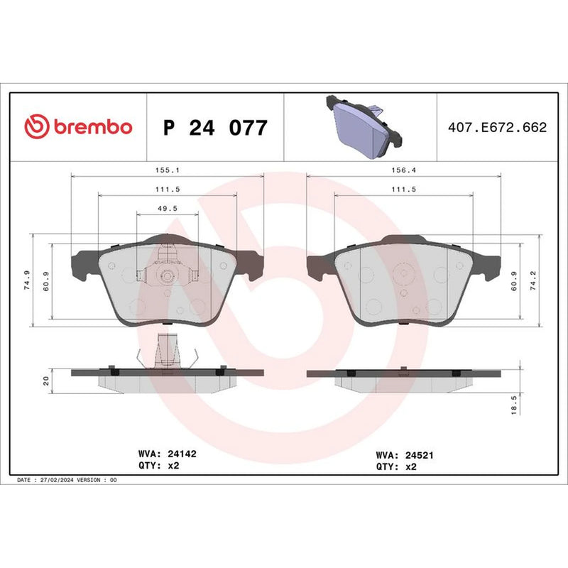 Brembo 4 x Front Brake Pad Set fits Ford Galaxy 2010-2015 2.0