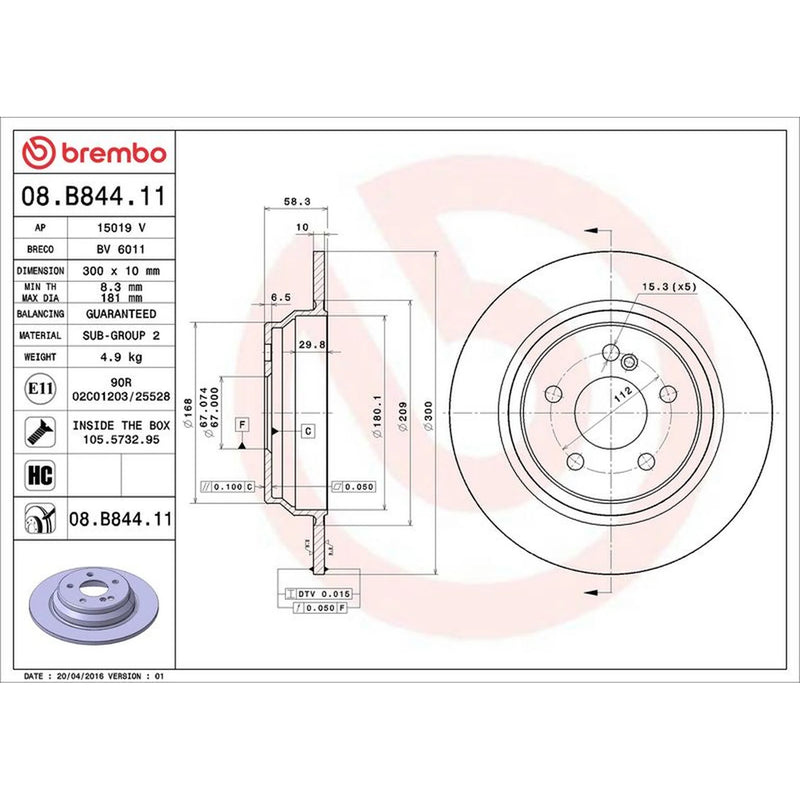 Brembo 2 x Solid Brake Discs fits Mercedes-Benz Sl 2003-2012 230.467