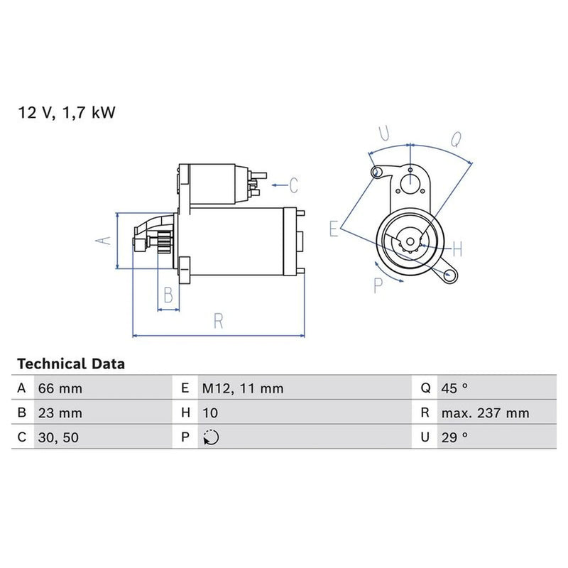 Bosch Starter Motor 12V 1.7kW Teeth