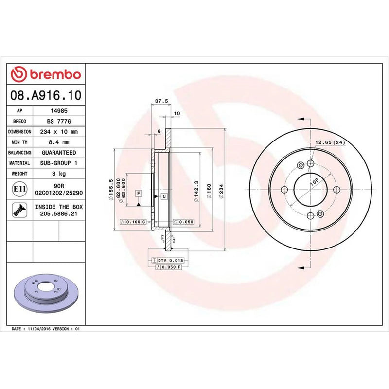 Brembo 2 x Solid Rear Brake Discs 08.A916.10-x2