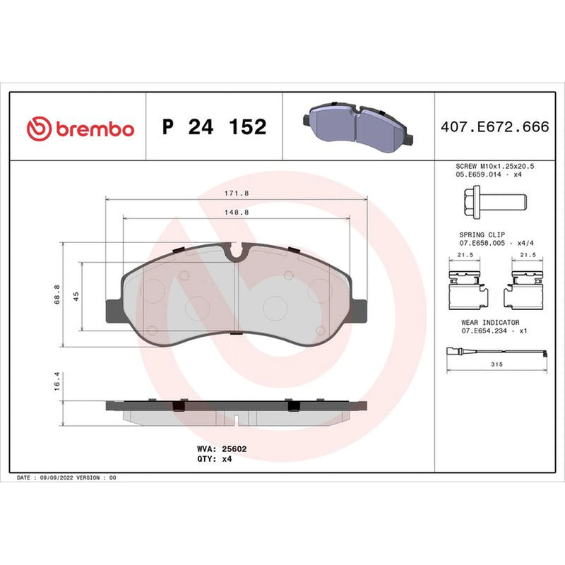 Brembo 4 x Front Brake Pad Set fits Ford Tourneo Custom V362 Bus 2012-2023