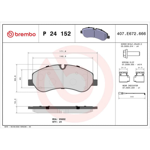Brembo 4 x Front Brake Pad Set fits Ford Tourneo Custom V362 Bus 2012-2023