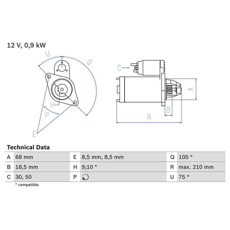 Bosch Starter Motor 12V 0.9kW 9 Teeth 0 986 017 120
