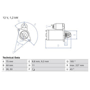 Bosch Starter Motor 12V 1.2kW 11 Teeth fits Mitsubishi Colt VI 2004-2012 1.1 1.3