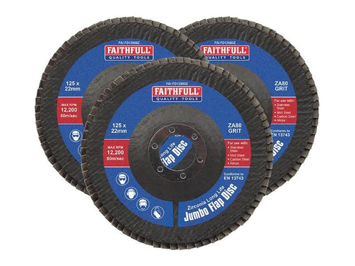 Faithfull Zirconia Abrasive Jumbo Flap Disc 125 x 22mm 80 Grit (3 Pack) Faithfull - NN4 Online