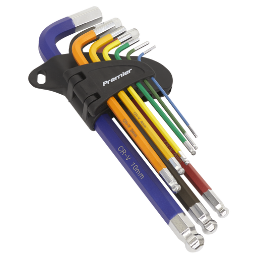 Sealey Ball End Hex Key Set Allen Premier Colour Coded Long 1.5-10mm Metric 9pc Sealey  - Dynamic Drive