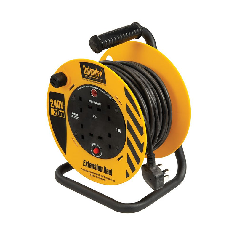 Defender Cable Reel 1.25mm2 4-Way 13A 20m 230V E86465 Defender  - Dynamic Drive