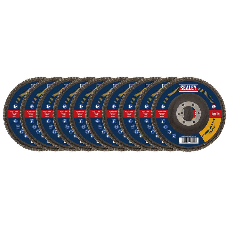 Sealey 115mm Aluminium Oxide Flap Discs 40Grit 22mm Bore - Pack of 10 FD11540E10 Sealey - Dynamic Drive