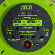 10m Cassette Type Cable Reel with Thermal Trip 2 x 230V & 2 x USB - Hi-Vis Green Sealey - Dynamic Drive