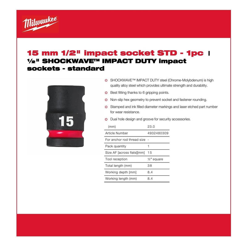Milwaukee Hex Socket Shw 1/2 Std 15Mm-1Pc 4932480309 Milwaukee - Dynamic Drive