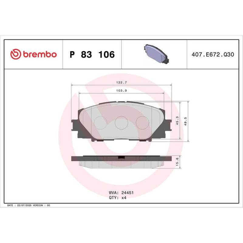 Brembo 4 x Front Brake Pad Set fits Lexus Ct 2011 on