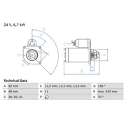 Bosch Starter Motor 24V 6.7kW 11 Teeth fits Scania 4 - Series 1995-2008