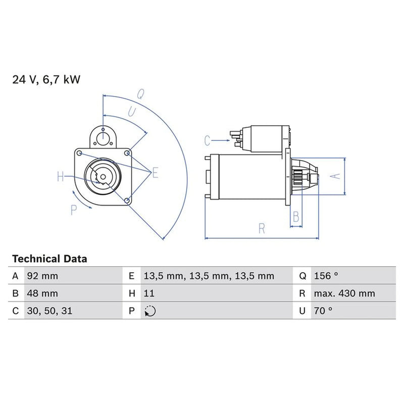 Bosch Starter Motor 24V 6.7kW 11 Teeth fits Scania 4 - Series 1995-2008