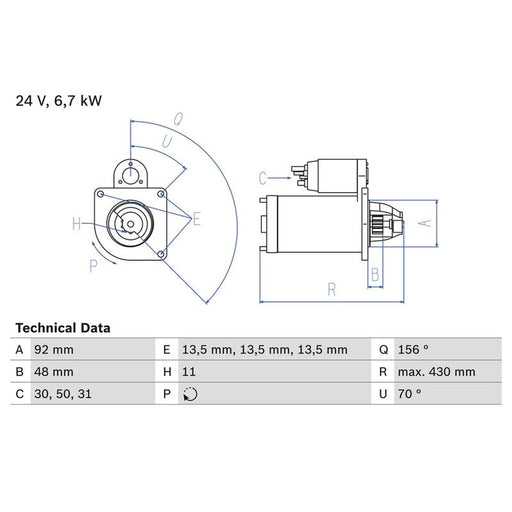 Bosch Starter Motor 24V 6.7kW 11 Teeth fits Scania 4 - Series 1995-2008
