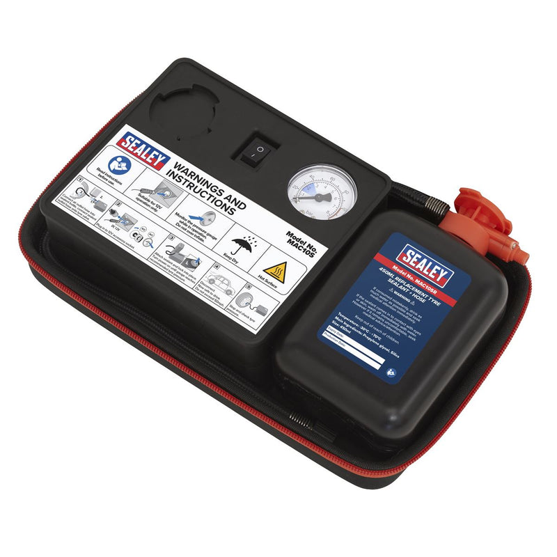 Sealey Tyre Inflator 12V & Emergency Puncture Sealant Kit MAC10S Sealey - Dynamic Drive