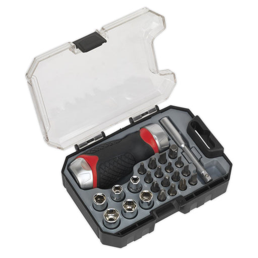 Sealey Fine Tooth Ratchet Screwdriver Socket & Bit Set 24pc Stubby AK64906 Sealey - Dynamic Drive