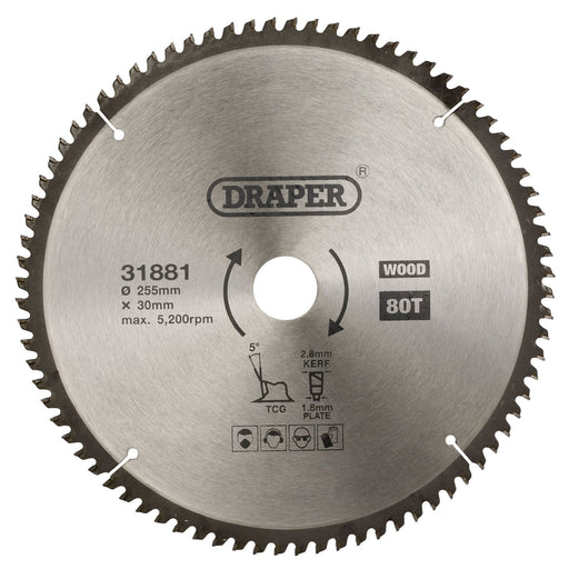 Draper TCT Triple Chip Grind Circular Saw Blade, 255 x 30mm, 80T 31881 Draper - Dynamic Drive