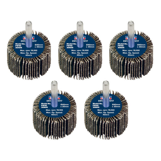 Sealey 40 x 30mm Abrasive Flap Wheel on 6mm Shaft Assorted Grit - Pack of 5 Sealey - Dynamic Drive