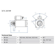 Bosch Starter Motor 12V 3kW 9 Teeth