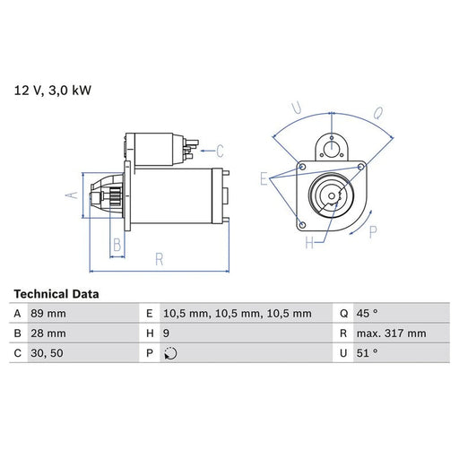 Bosch Starter Motor 12V 3kW 9 Teeth